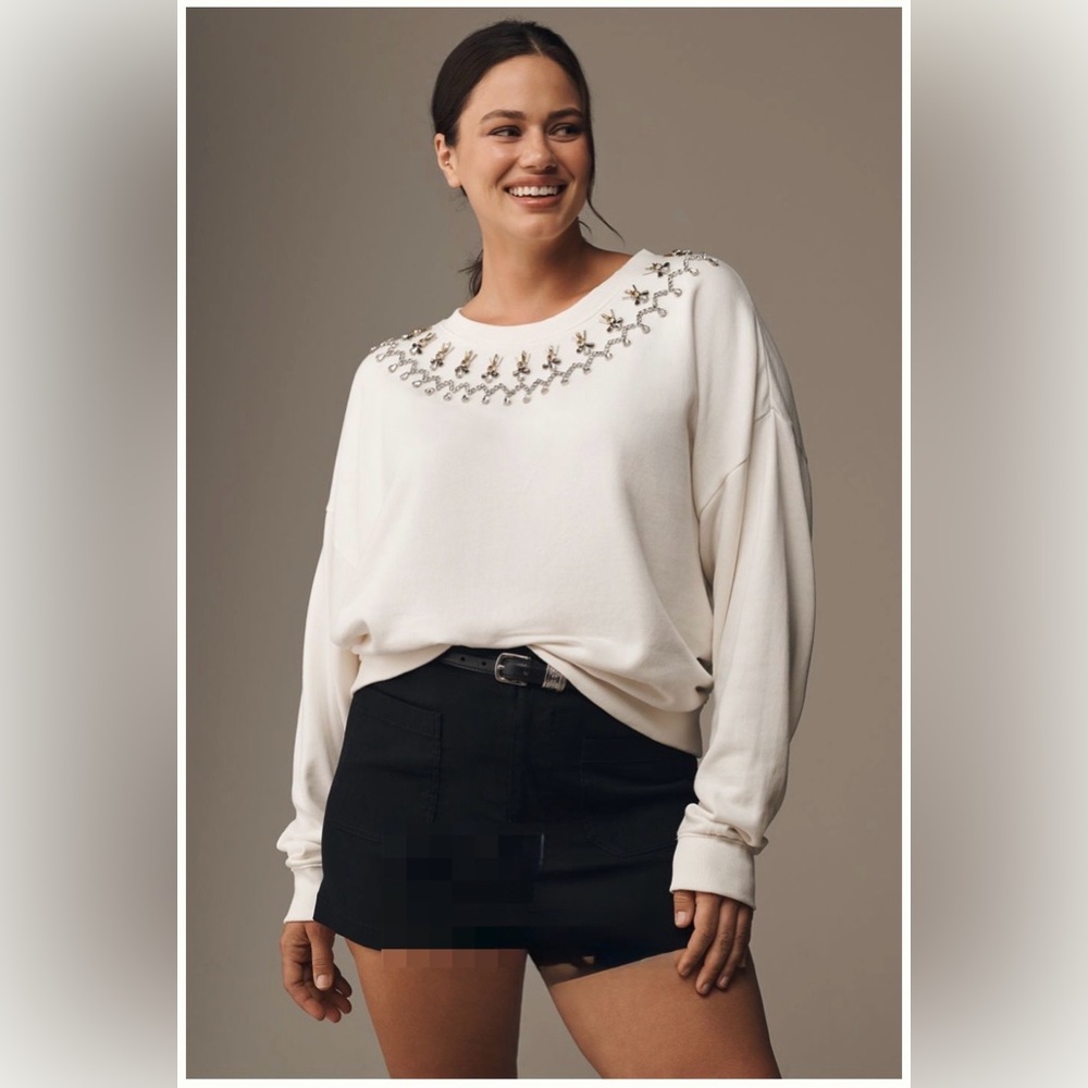 Anthropologie Embellished Motif French Terry Crew Neck Sweatshirt NWT L Cream